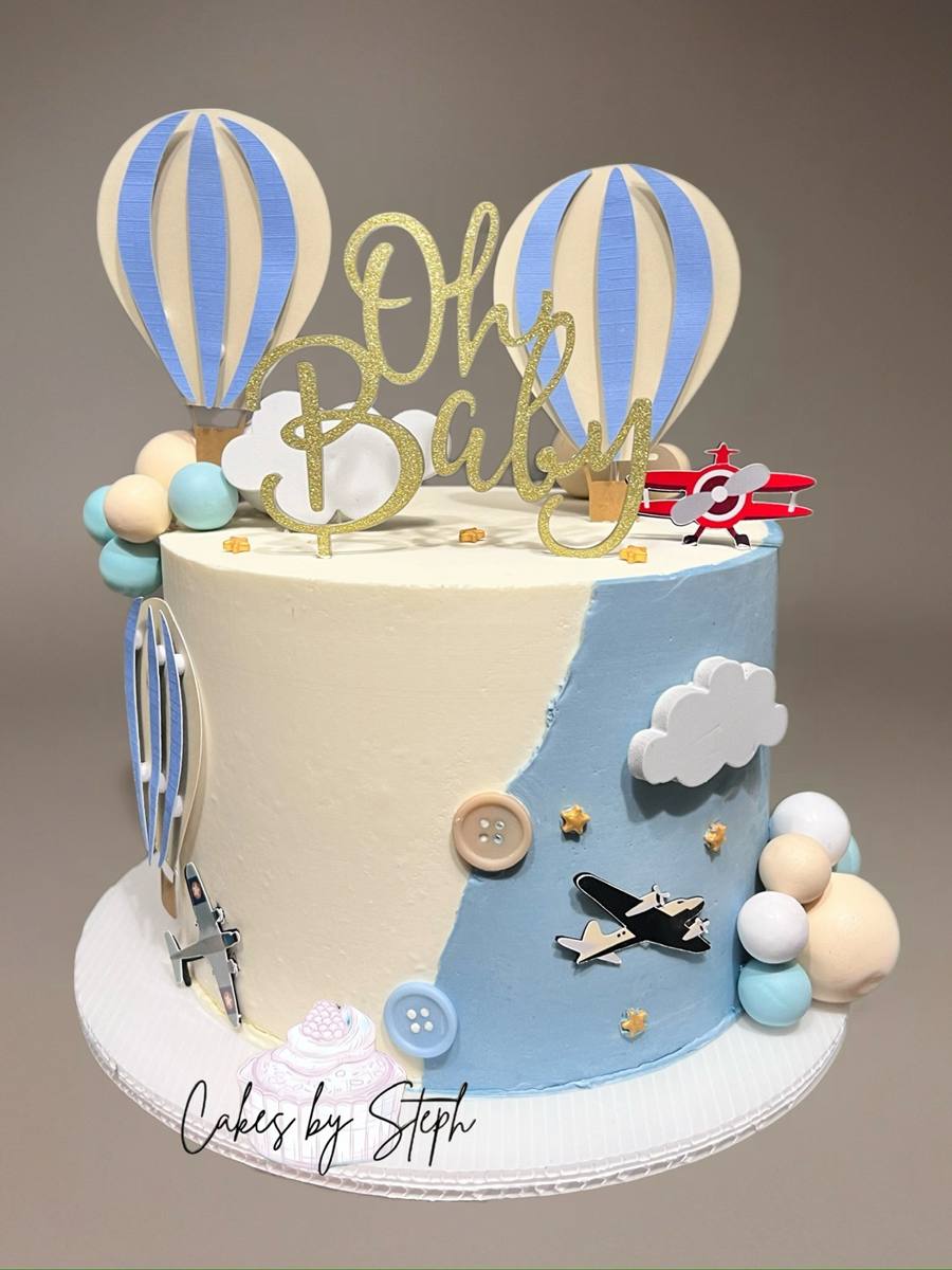 Pastel de baby shower globo aerostático azul, Oh Baby por Cakes by Steph