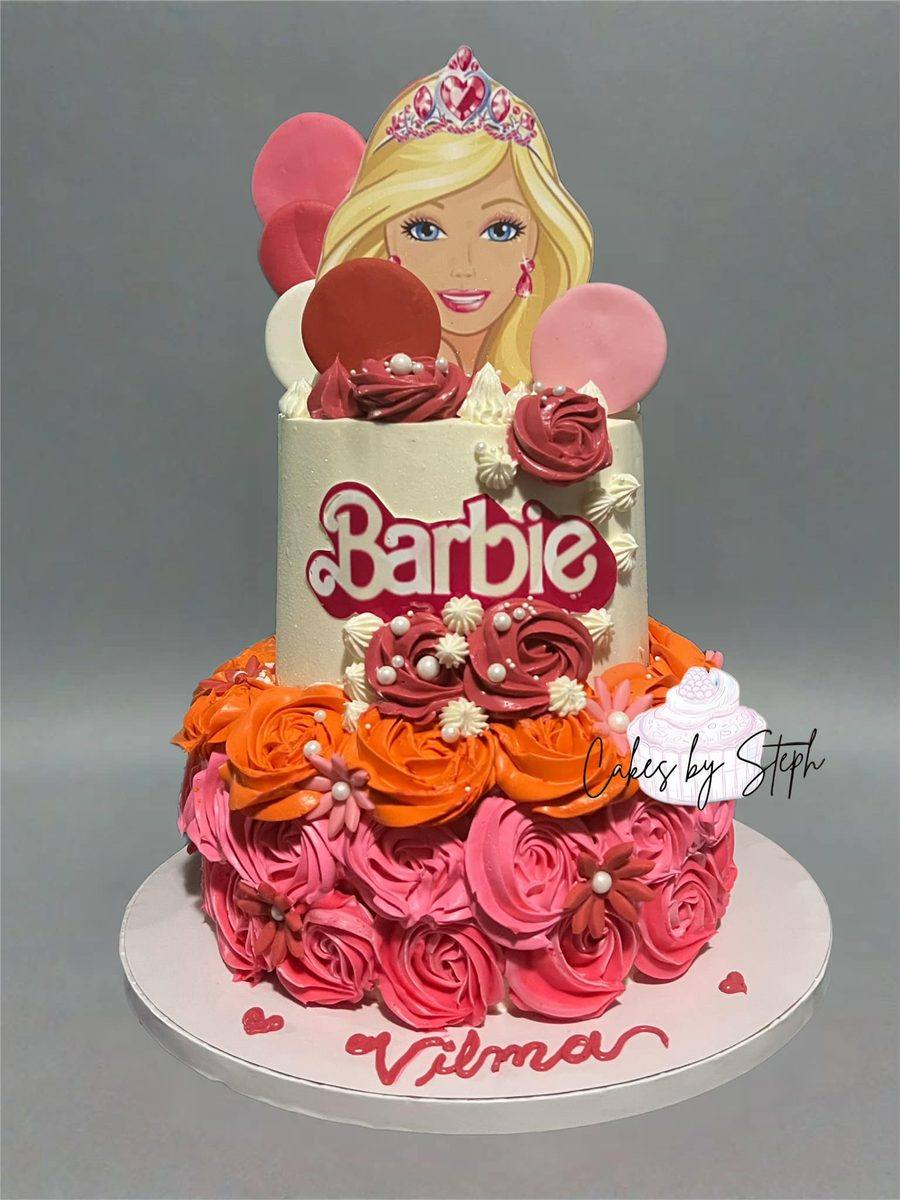 Two tier Barbie rosette birthday cake in pink and orange by Cakes by Steph, Leesburg VA