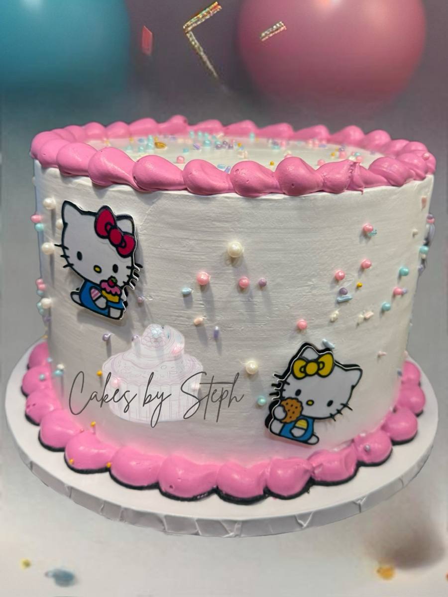 White cake with pink borders, Hello Kitty images and pastel sprinkles by Cakes by Steph, Leesburg VA