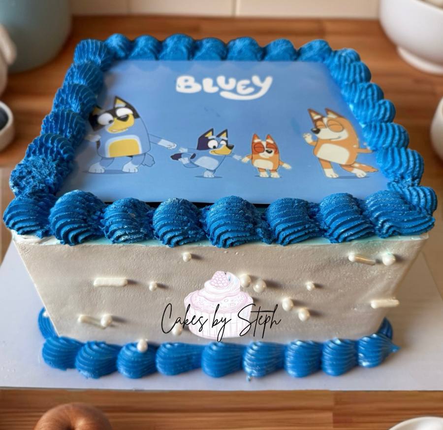 Blue buttercream cake with Bluey characters edible image topper by Cakes by Steph, Leesburg VA