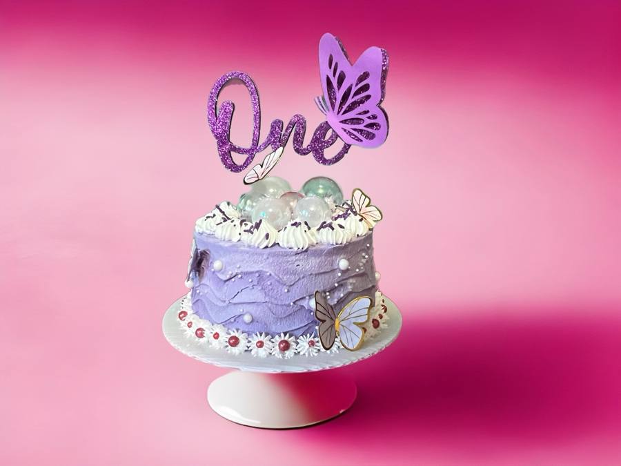 Purple first-birthday cake, butterflies, glitter One topper by Cakes by Steph, Leesburg VA