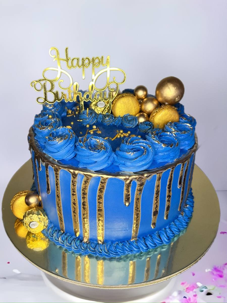 Blue cake with gold drip, macarons, Happy Birthday topper by Cakes by Steph, Leesburg VA