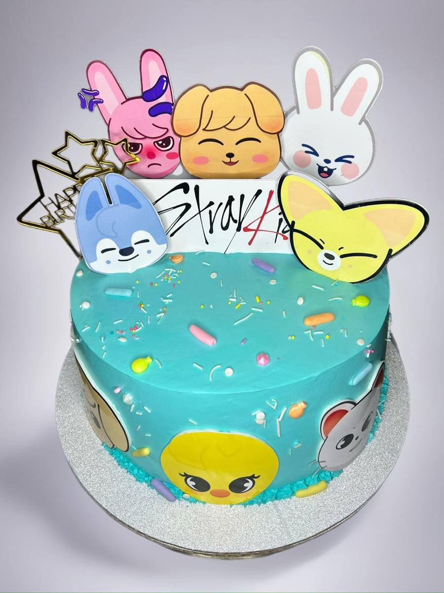 Teal cake with Stray Kids SKZOO character toppers and sprinkles by Cakes by Steph, Leesburg VA