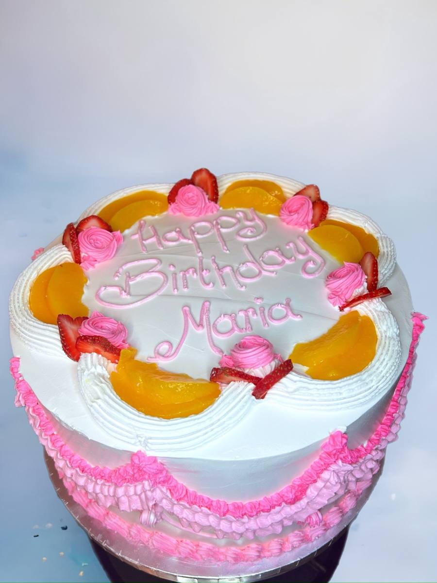 White cake, pink piping, peaches, strawberries, Happy Birthday Maria by Cakes by Steph, Leesburg VA
