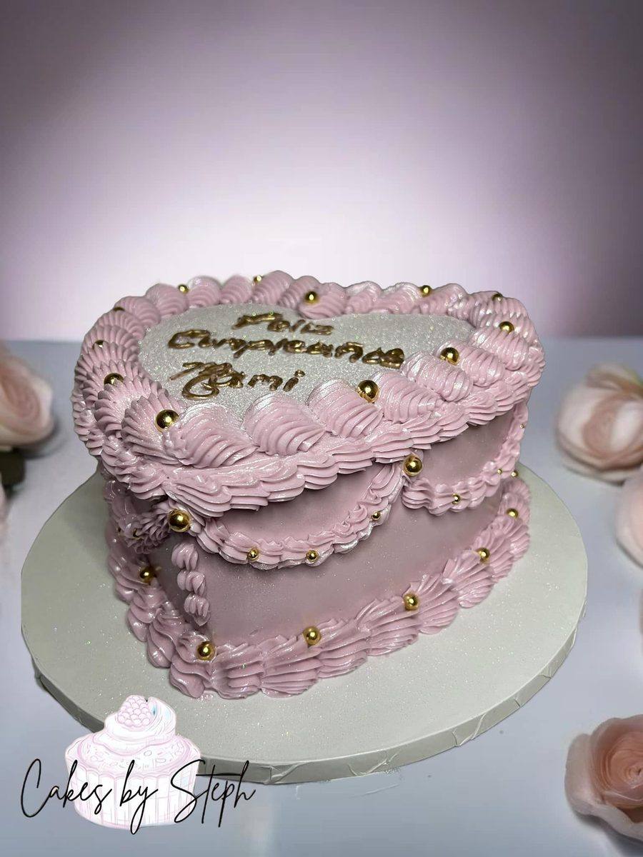 Pink vintage heart cake with gold pearls by Cakes by Steph, Leesburg VA