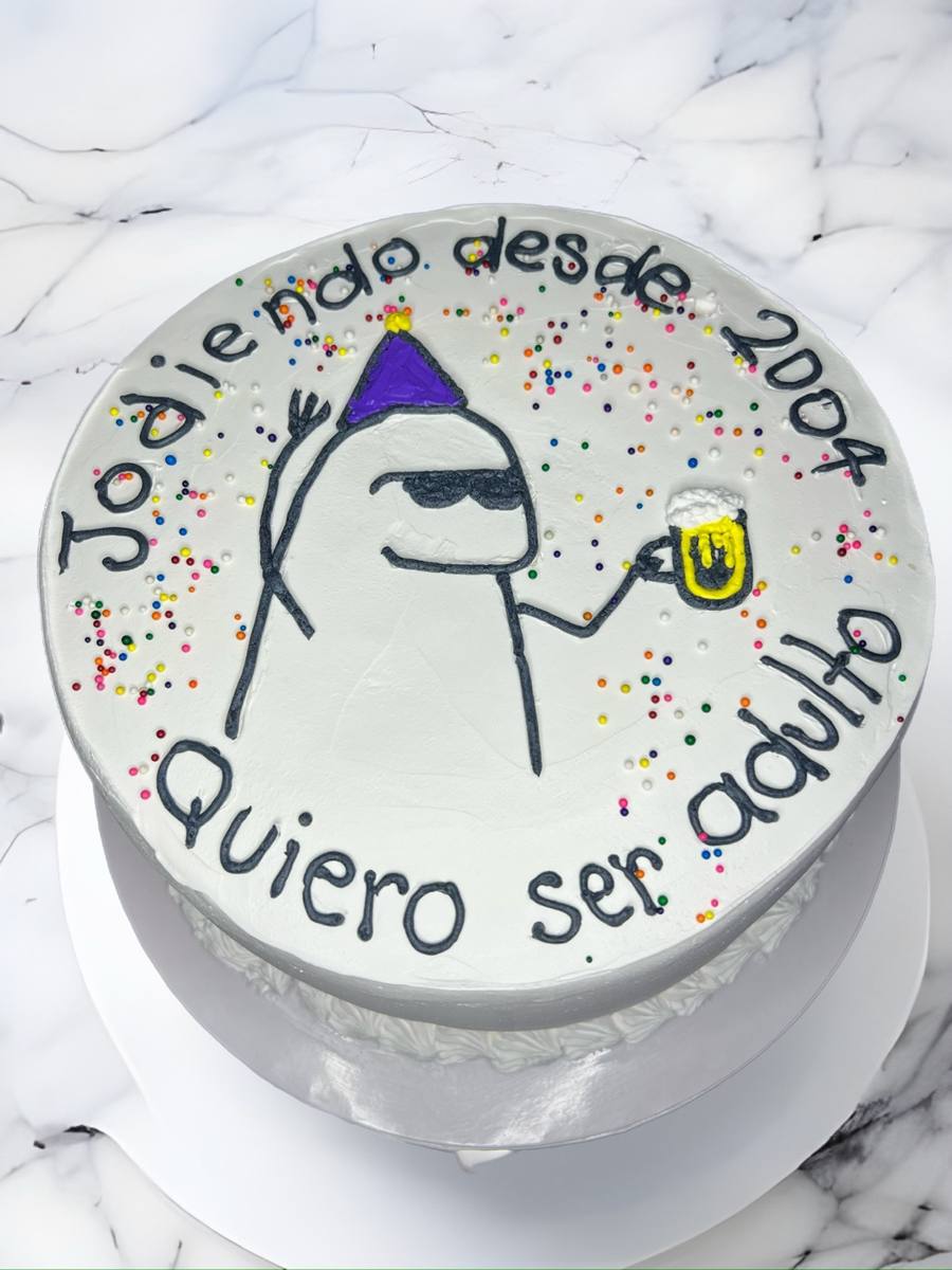 White cake, flork meme with beer, sprinkles, Spanish "2004" text by Cakes by Steph, Leesburg VA