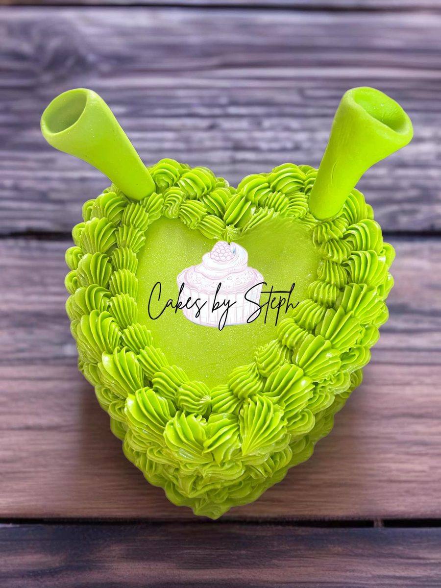 Green ogre themed heart cake with buttercream piping by Cakes by Steph, Leesburg VA