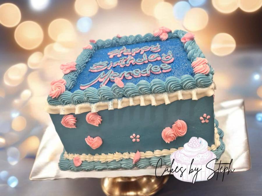 Blue and pink vintage piped birthday sheet cake by Cakes by Steph, Leesburg VA