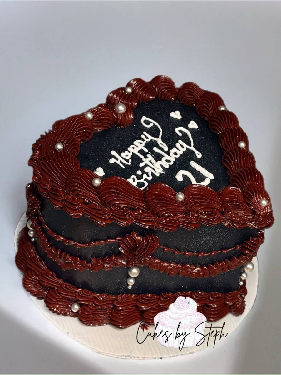 Black heart cake with red-brown piped borders and Happy Birthday 21 by Cakes by Steph, Leesburg VA