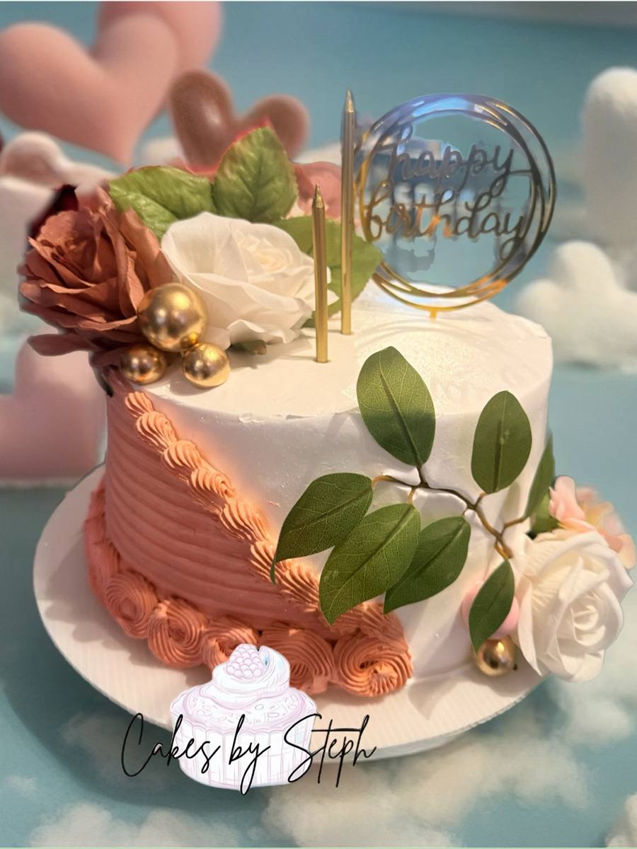 White and peach cake with roses, greenery and gold happy birthday topper by Cakes by Steph, Leesburg VA