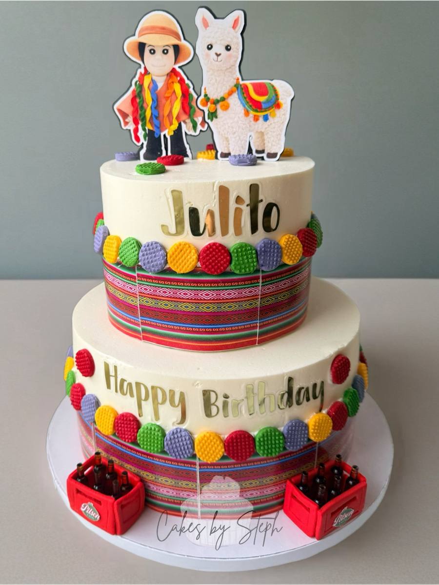 Two-tier Peruvian llama cake with Andean textile, Julito Happy Birthday by Cakes by Steph, Leesburg VA