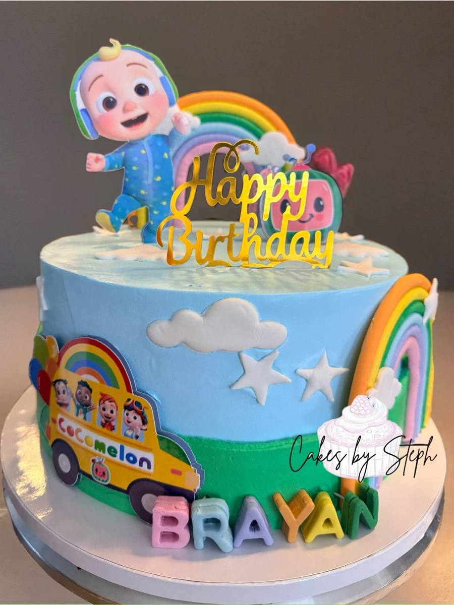Blue CoComelon cake with rainbows, Happy Birthday topper, name Brayan by Cakes by Steph, Leesburg VA