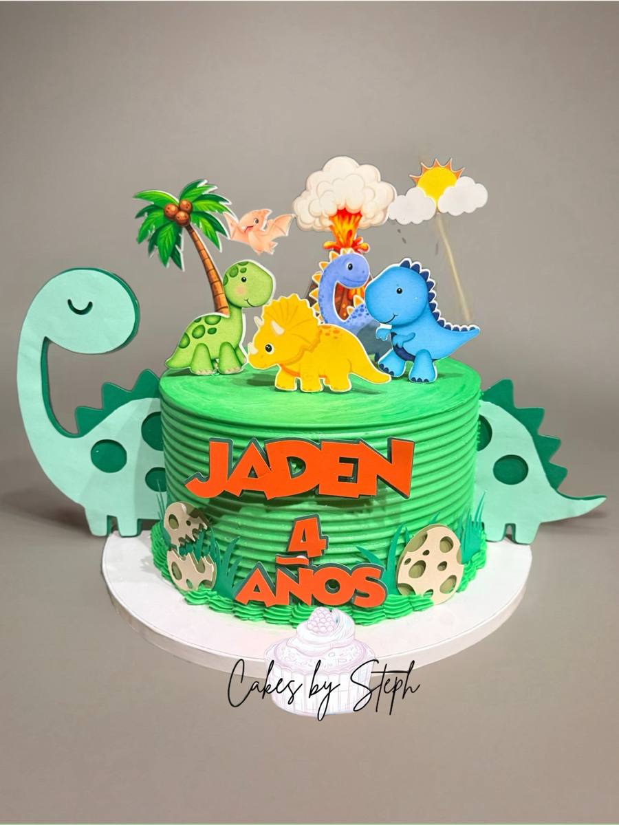 Green dinosaur cake with volcano toppers, Jaden 4 Anos by Cakes by Steph, Leesburg VA