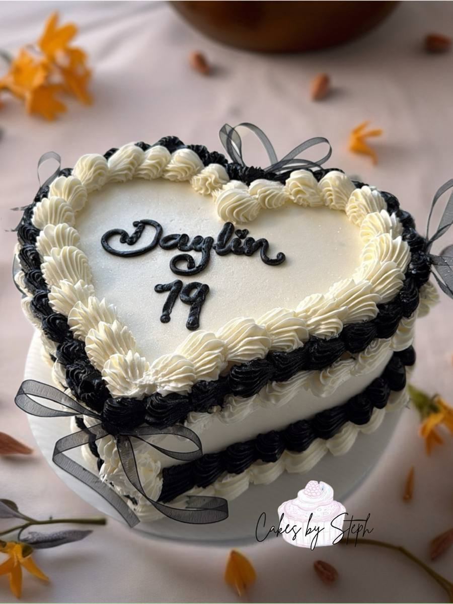 White and black heart cake with piping, Daylin 19 by Cakes by Steph, Leesburg VA