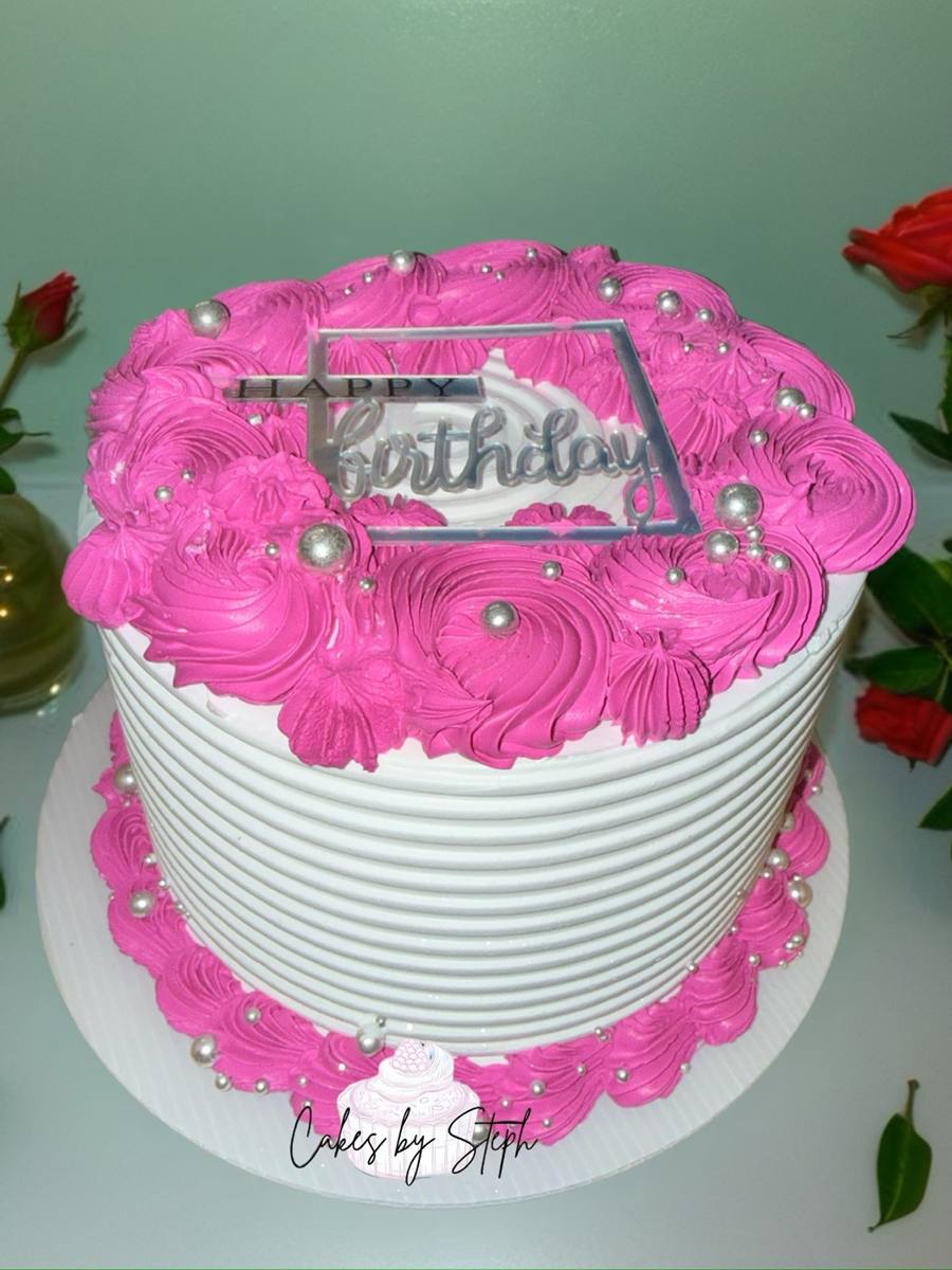 White cake with pink piping, silver pearls, Happy Birthday by Cakes by Steph, Leesburg VA