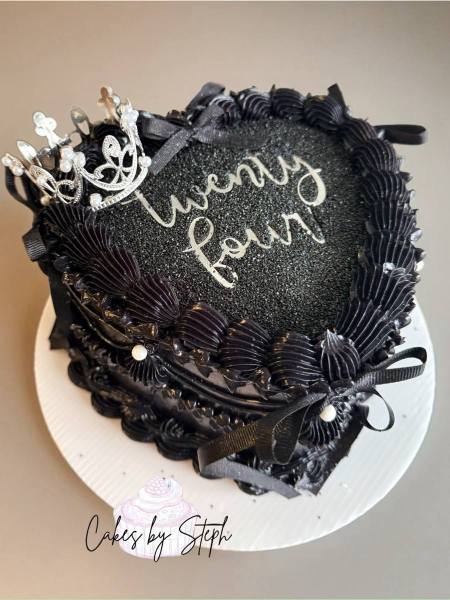Black heart cake with silver crown, ribbon, Twenty Four by Cakes by Steph, Leesburg VA