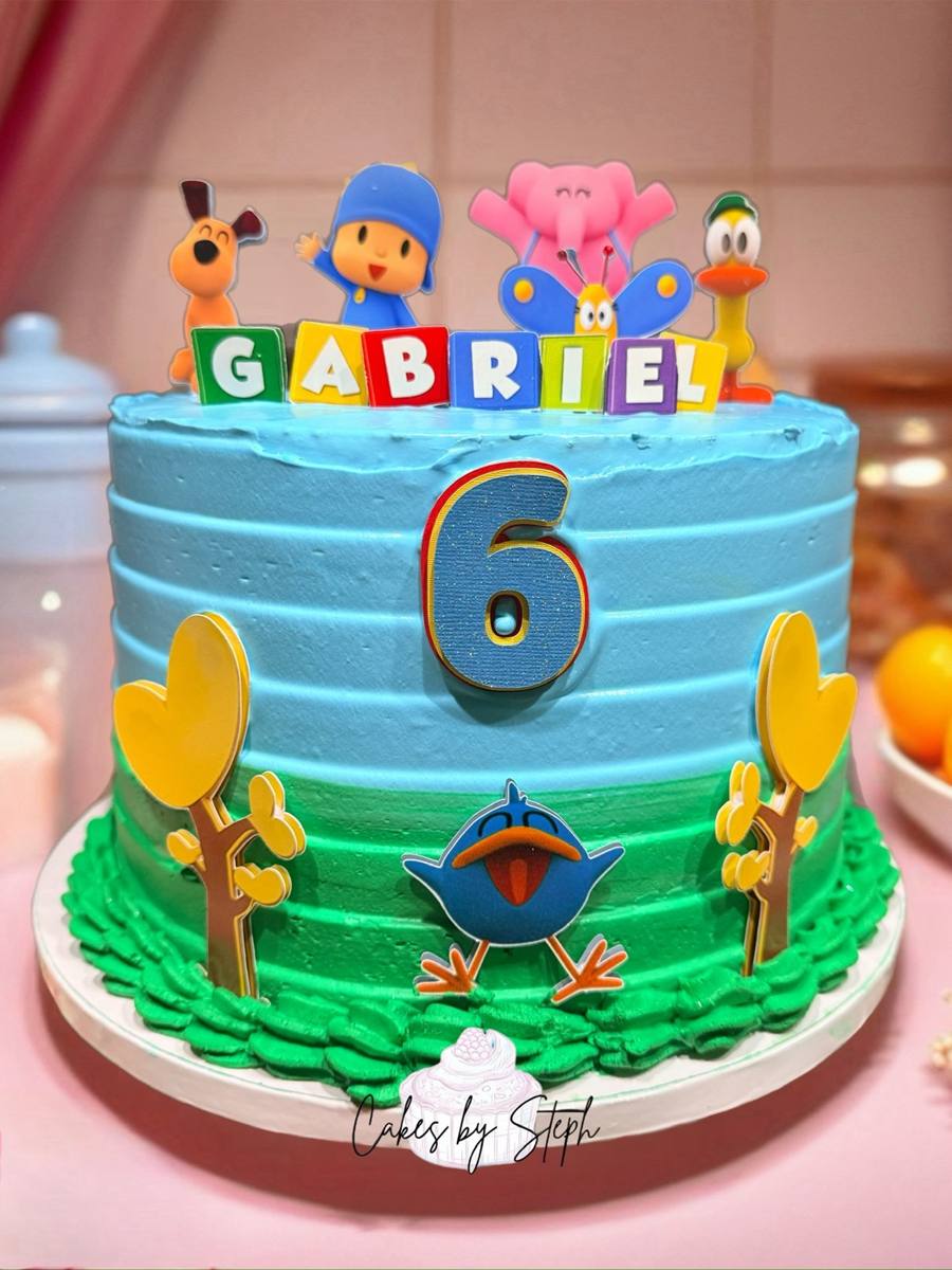 Blue and green Pocoyo cake, name Gabriel, number 6 by Cakes by Steph, Leesburg VA
