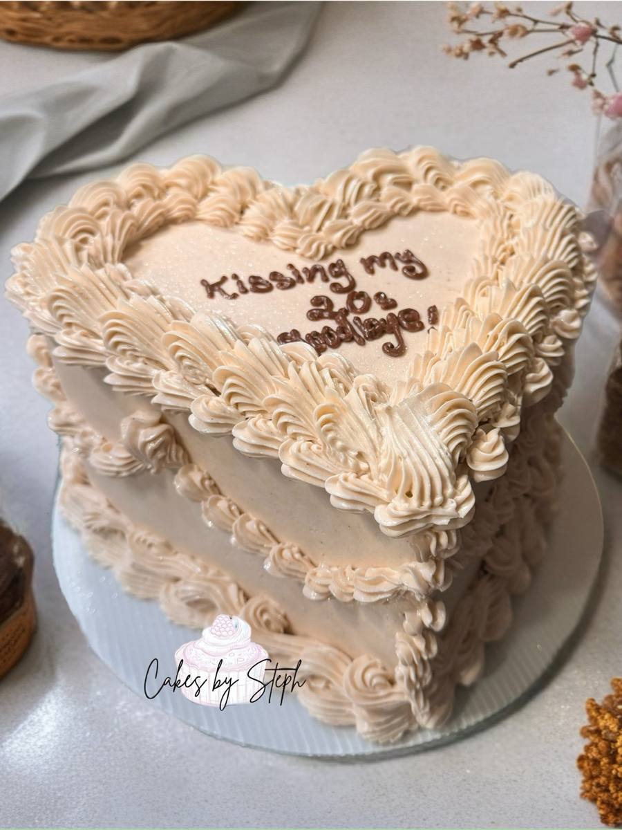 Cream heart cake, vintage piping, Kissing my 20s goodbye by Cakes by Steph, Leesburg VA