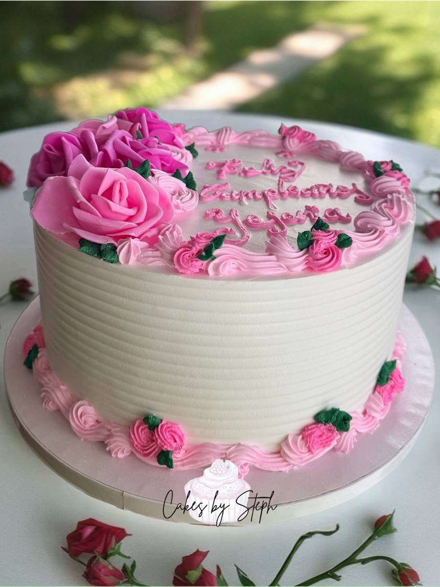 White cake with pink buttercream roses, Feliz Cumpleanos Yeyena by Cakes by Steph, Leesburg VA