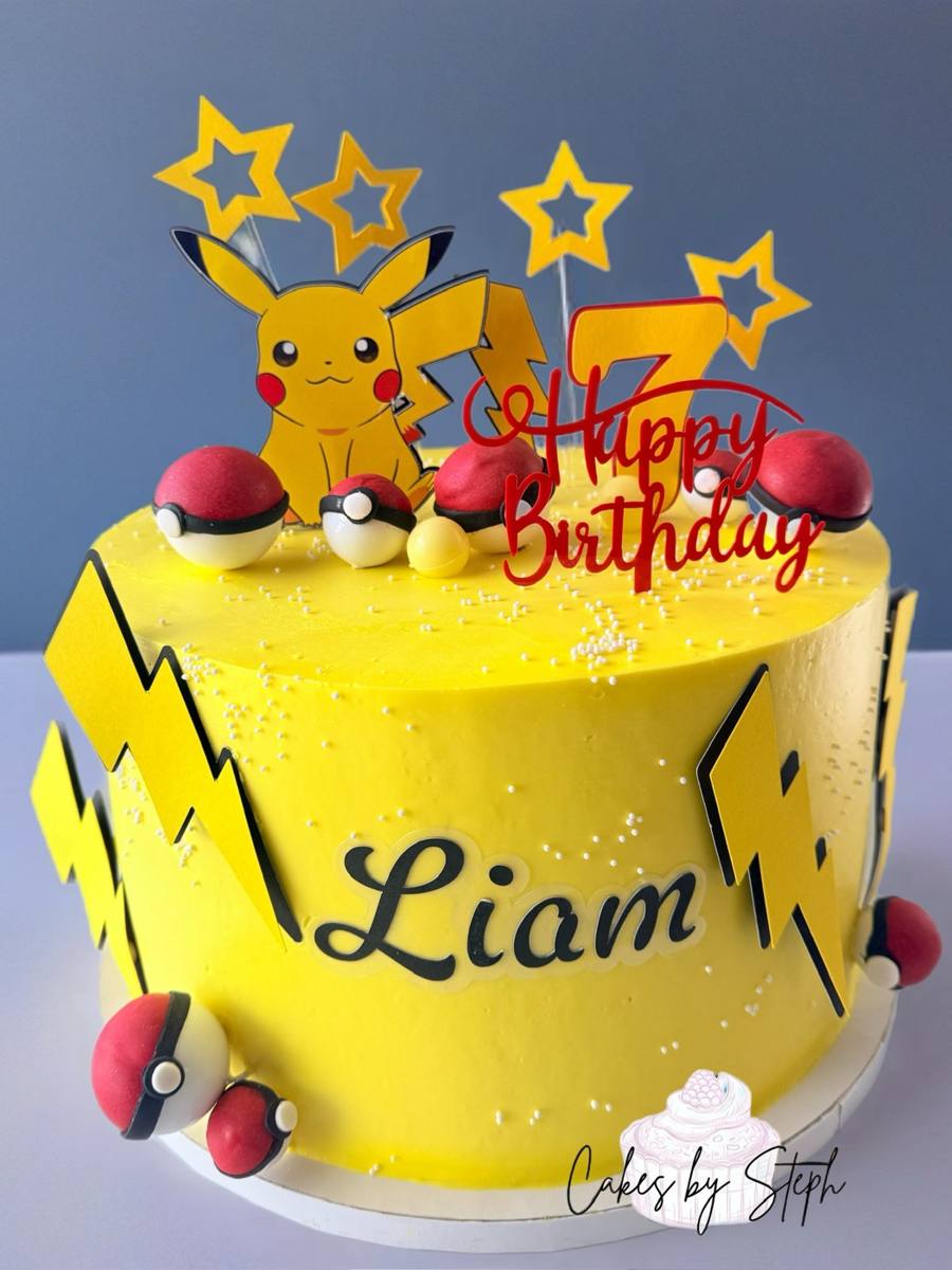 Yellow Pikachu Pokemon cake, "Happy Birthday Liam" by Cakes by Steph, Leesburg VA
