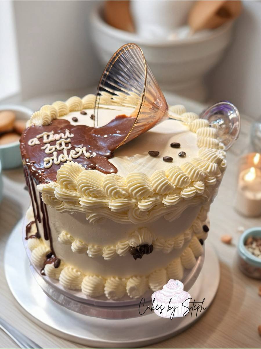 Cream coffee-themed drip cake, "a tini bit older" by Cakes by Steph, Leesburg VA