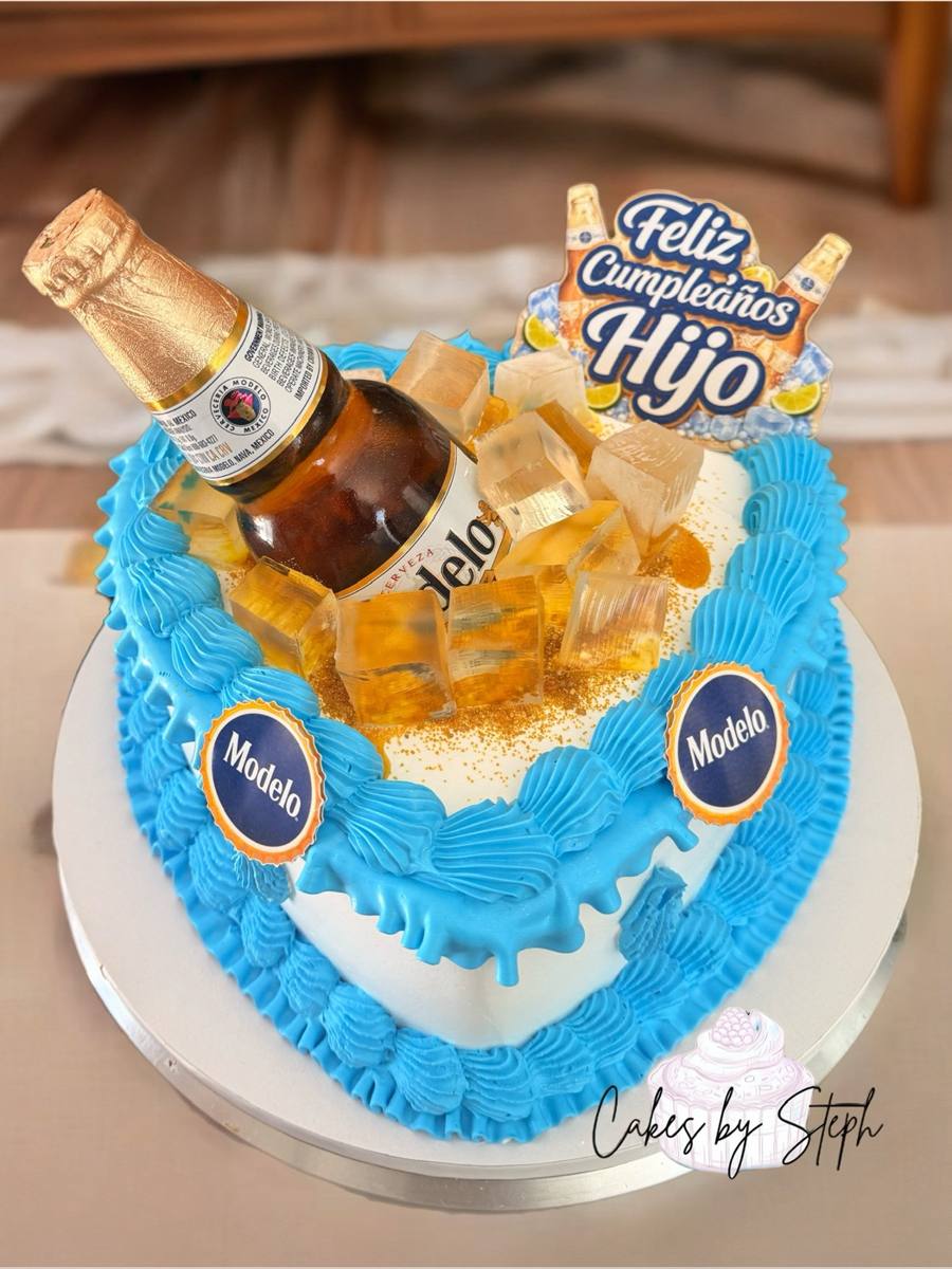 Modelo beer cake, "Feliz Cumpleaños Hijo", blue drip by Cakes by Steph, Leesburg VA