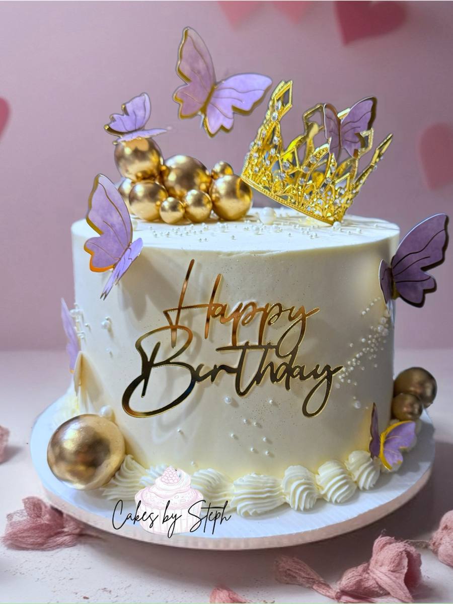 White cake, gold crown, purple butterflies, "Happy Birthday" by Cakes by Steph, Leesburg VA