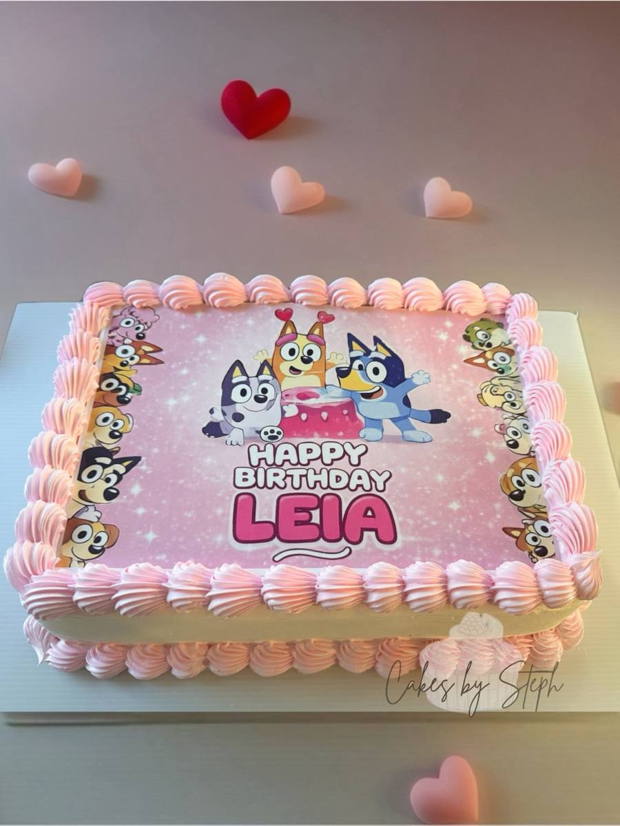 Pink Bluey sheet cake, "Happy Birthday Leia" by Cakes by Steph, Leesburg VA