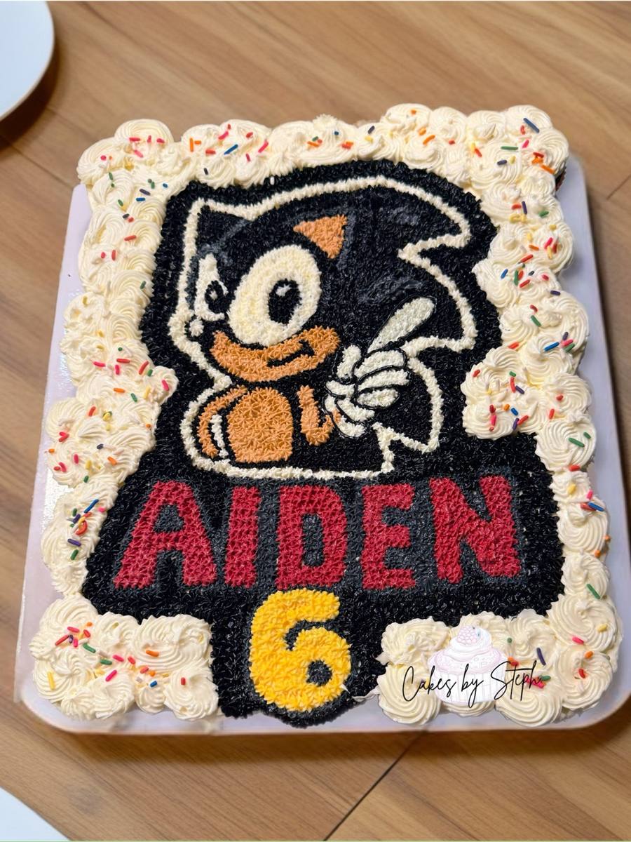 Sonic the Hedgehog sheet cake reading "Aiden 6" with sprinkles by Cakes by Steph, Leesburg VA