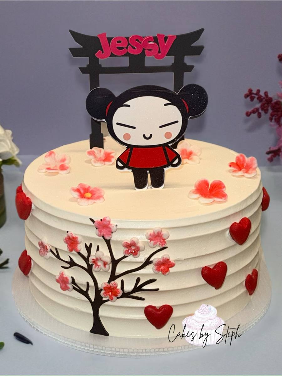 White cake with Pucca "Jessy" topper, cherry blossoms and hearts by Cakes by Steph, Leesburg VA