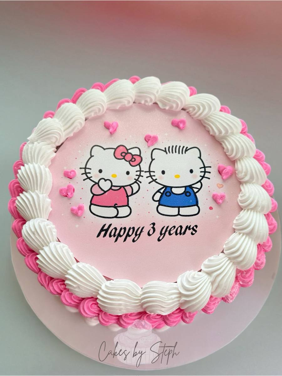 Pink Hello Kitty cake with cream border, "Happy 3 years" by Cakes by Steph, Leesburg VA
