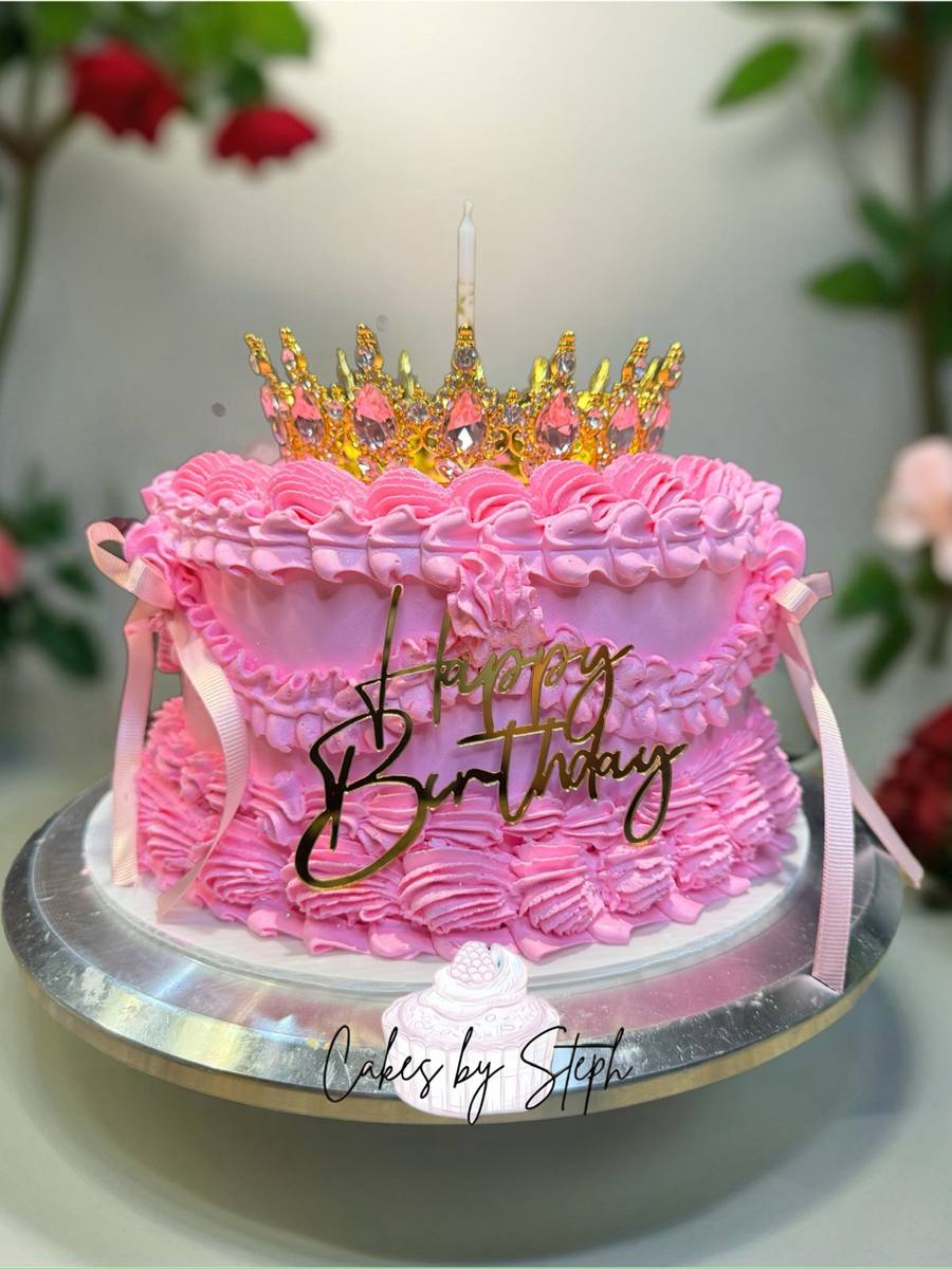 Pink ruffled cake with gold crown, "Happy Birthday" topper by Cakes by Steph, Leesburg VA