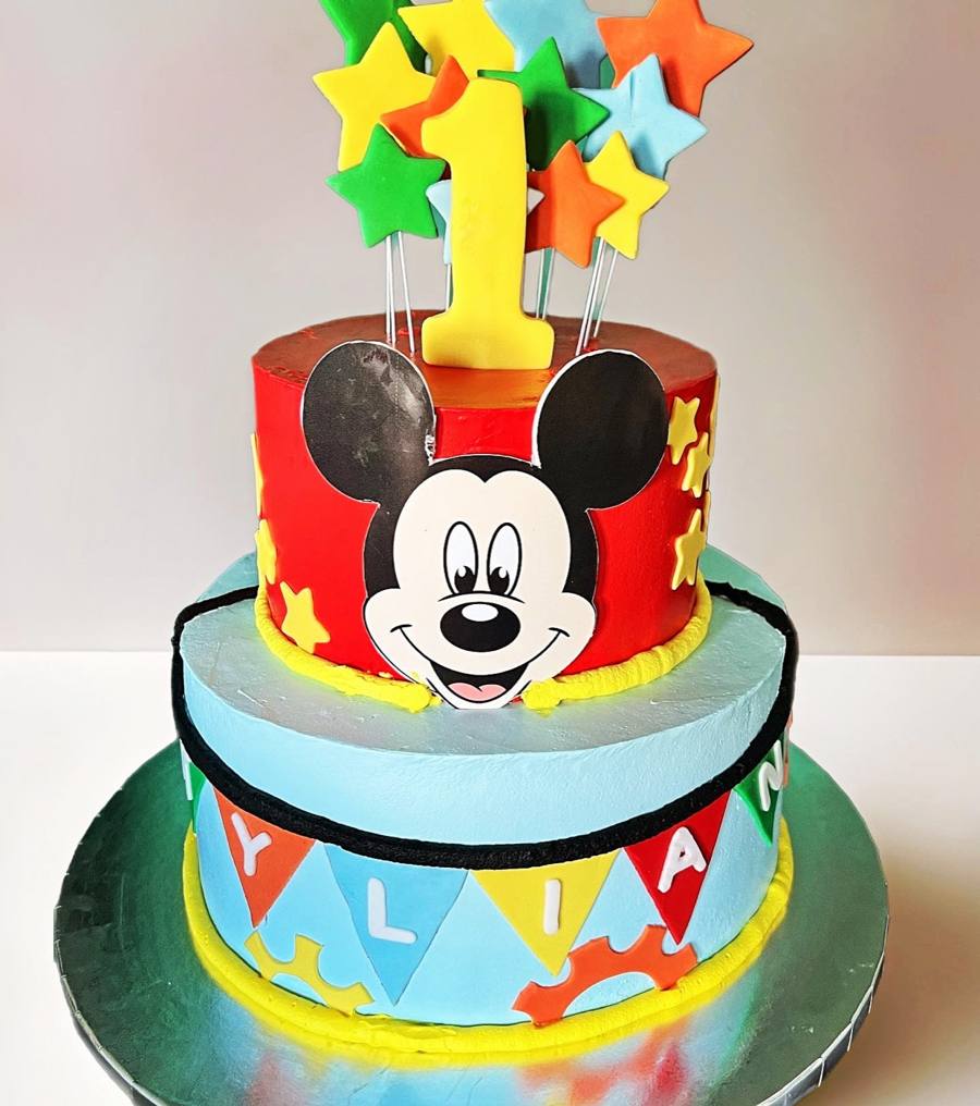 Two-tier Mickey Mouse cake, number one, colorful stars by Cakes by Steph, Leesburg VA