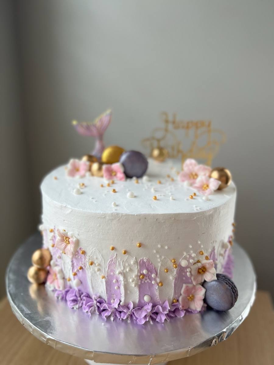 White cake, purple accents, mermaid tail, macarons, gold "Happy Birthday" by Cakes by Steph, Leesburg VA