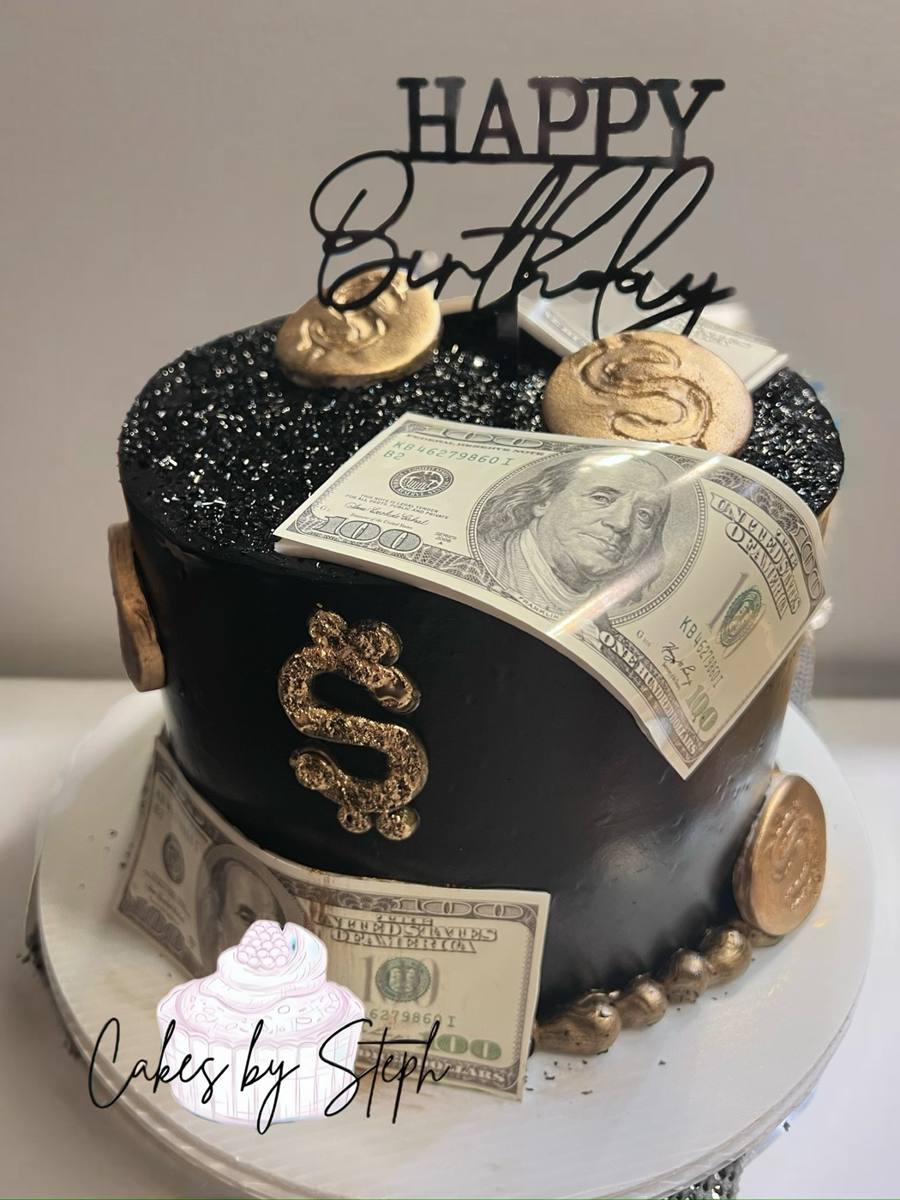 Black money cake with gold dollar signs and hundred-dollar bills by Cakes by Steph, Leesburg VA