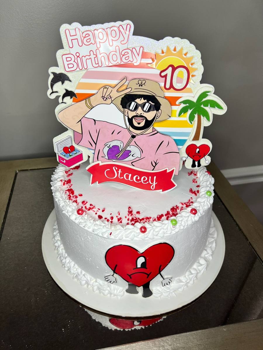 White cake, Bad Bunny theme, "Happy Birthday 10" for Stacey by Cakes by Steph, Leesburg VA