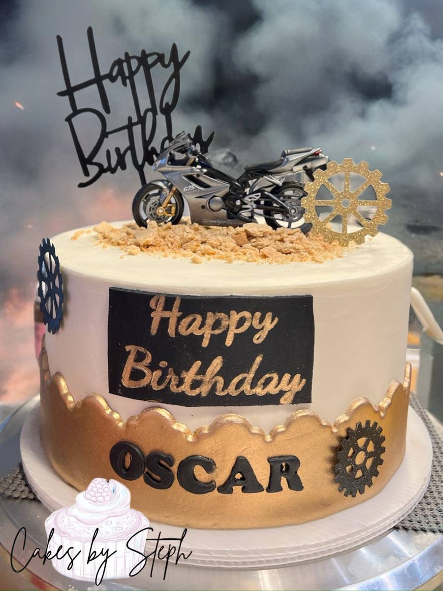 White and gold cake, motorcycle topper, Happy Birthday Oscar, gears by Cakes by Steph, Leesburg VA