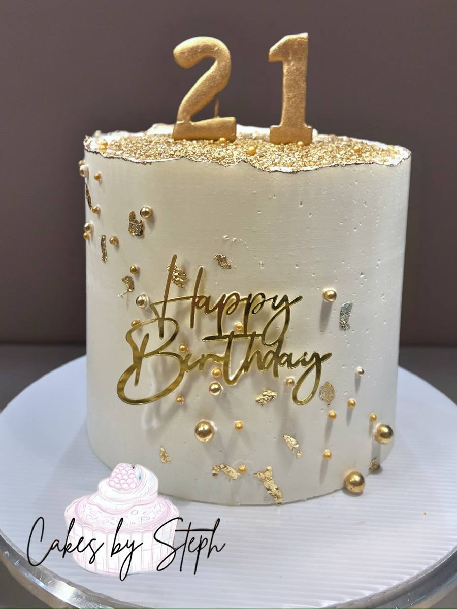 White cake, gold 21 topper, Happy Birthday, gold pearls by Cakes by Steph, Leesburg VA