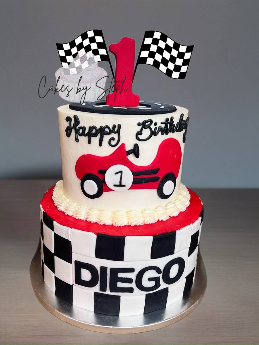 Two-tier racing cake, checkered flags, red car, Diego 1 by Cakes by Steph, Leesburg VA