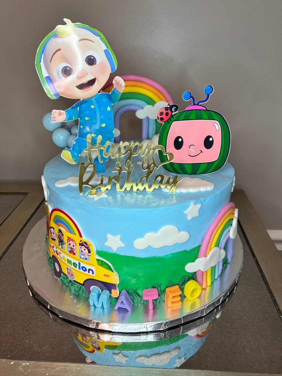 CoComelon cake, JJ figure, rainbows, bus, Happy Birthday Mateo by Cakes by Steph, Leesburg VA