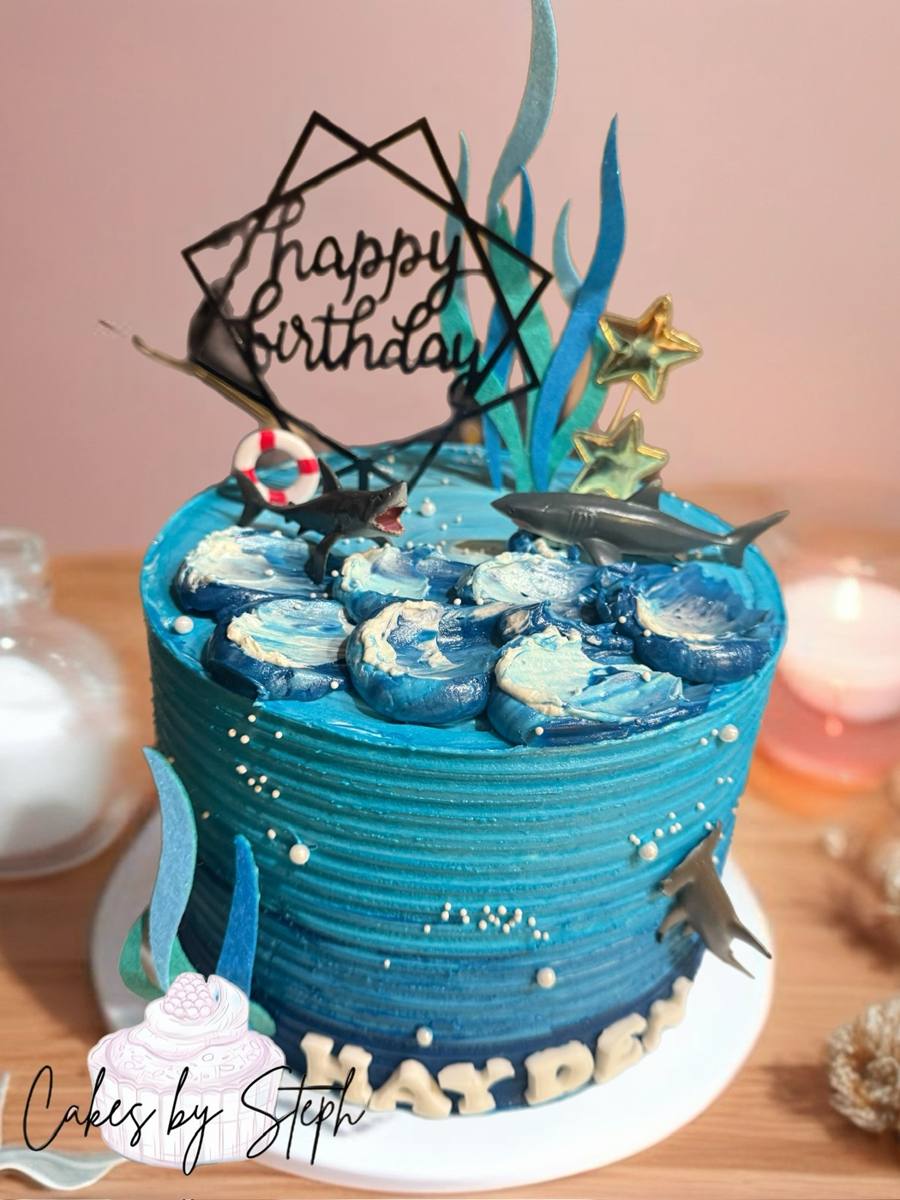Blue ocean shark cake, Happy Birthday Hayden, seaweed, gold stars by Cakes by Steph, Leesburg VA