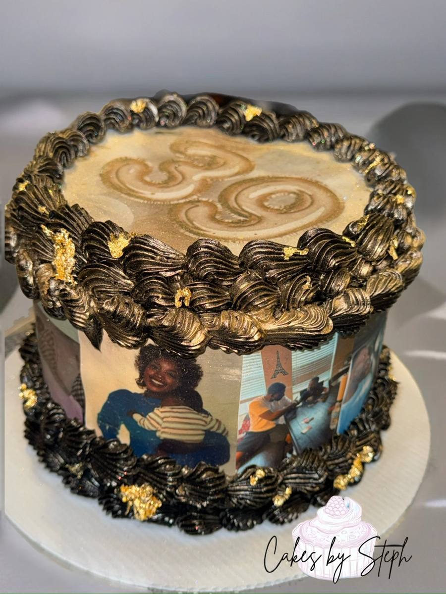 Black and gold cake, 30 on top, edible photo prints by Cakes by Steph, Leesburg VA