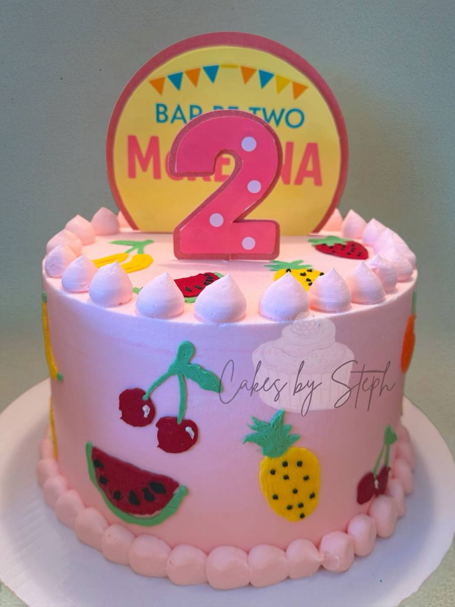 Pink cake, number 2 topper, painted fruit, "Bar be two" by Cakes by Steph, Leesburg VA