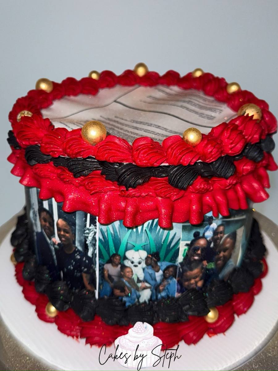 Red and black piped cake, gold pearls, edible family photos by Cakes by Steph, Leesburg VA