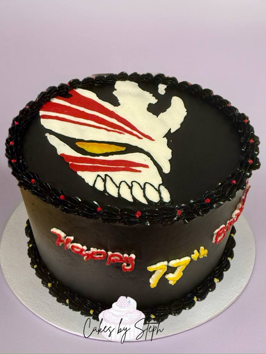 Black cake, red-white Bleach mask, "Happy 17th Birthday" by Cakes by Steph, Leesburg VA
