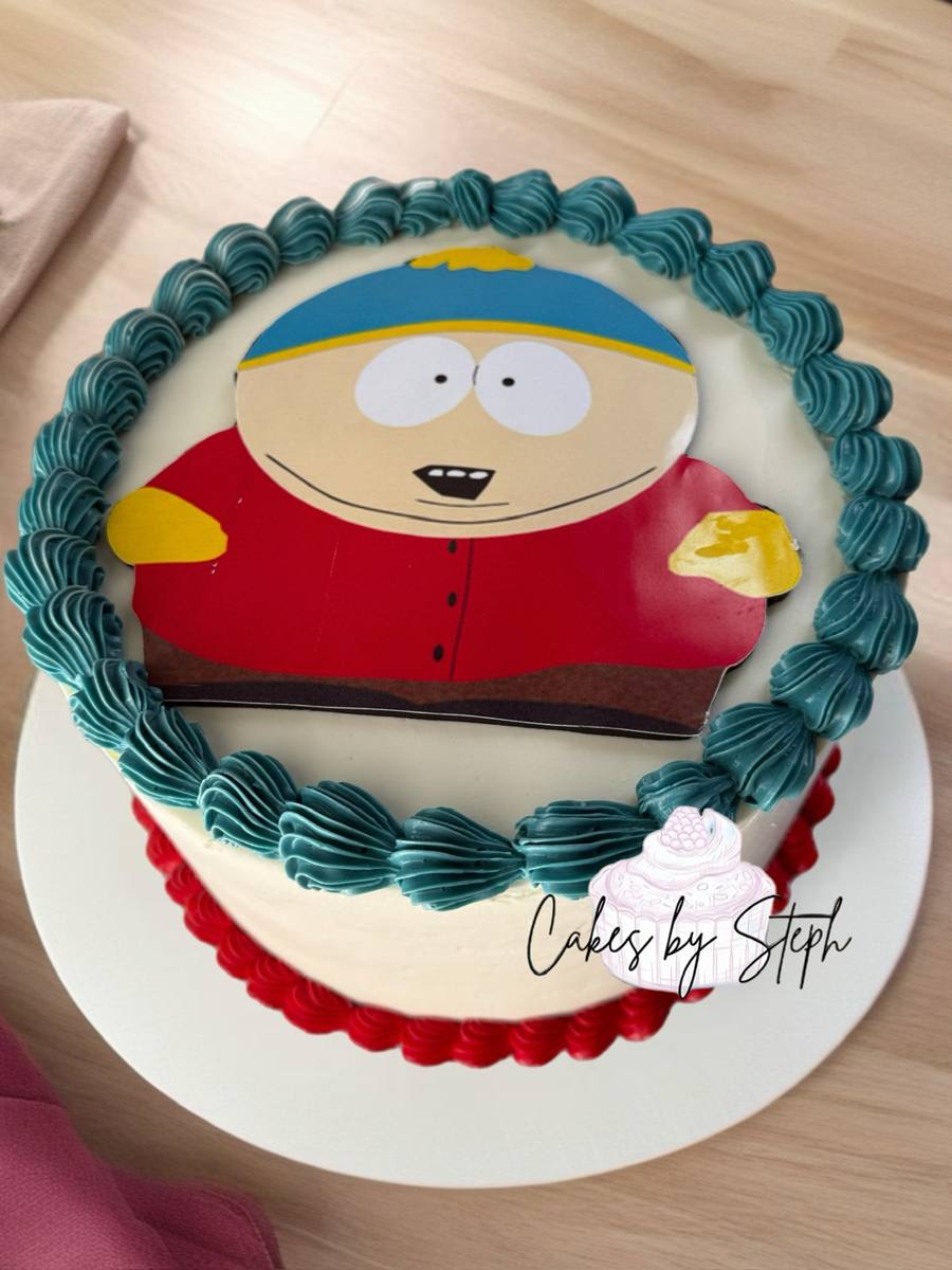 White cake, teal and red borders, South Park Cartman topper by Cakes by Steph, Leesburg VA