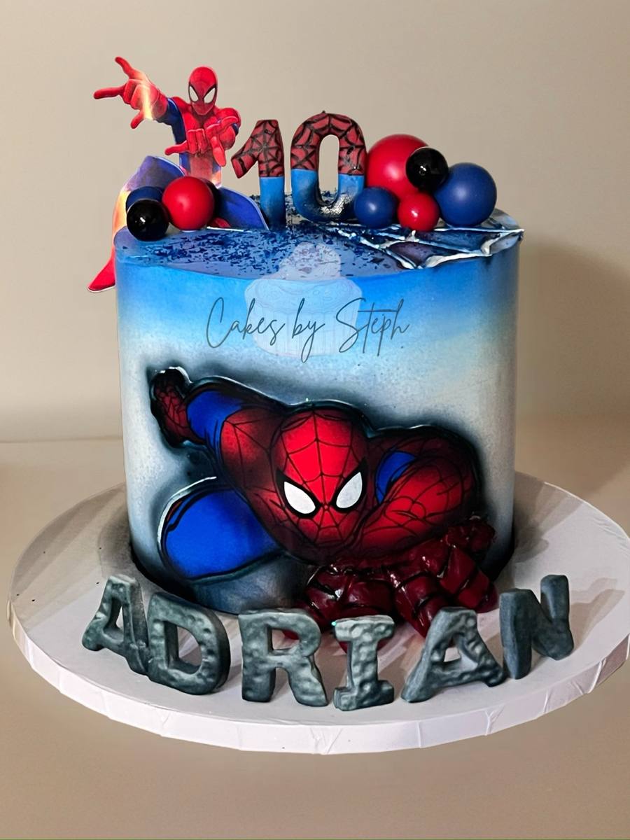 Blue Spider-Man cake, number 10 topper, name "Adrian" by Cakes by Steph, Leesburg VA