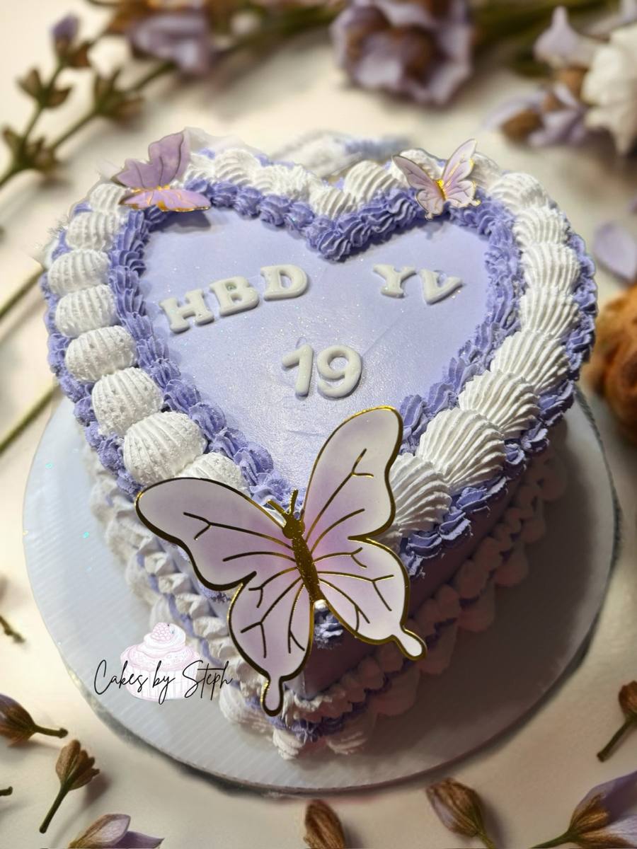 Lilac heart cake with butterflies, "HBD YV 19" by Cakes by Steph, Leesburg VA