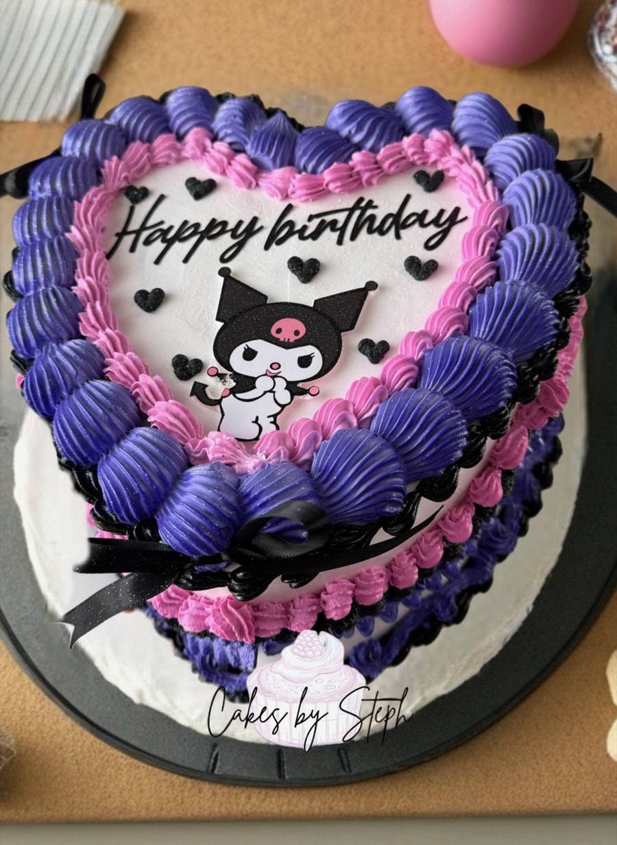 Purple pink heart cake, Kuromi, "Happy birthday" by Cakes by Steph, Leesburg VA
