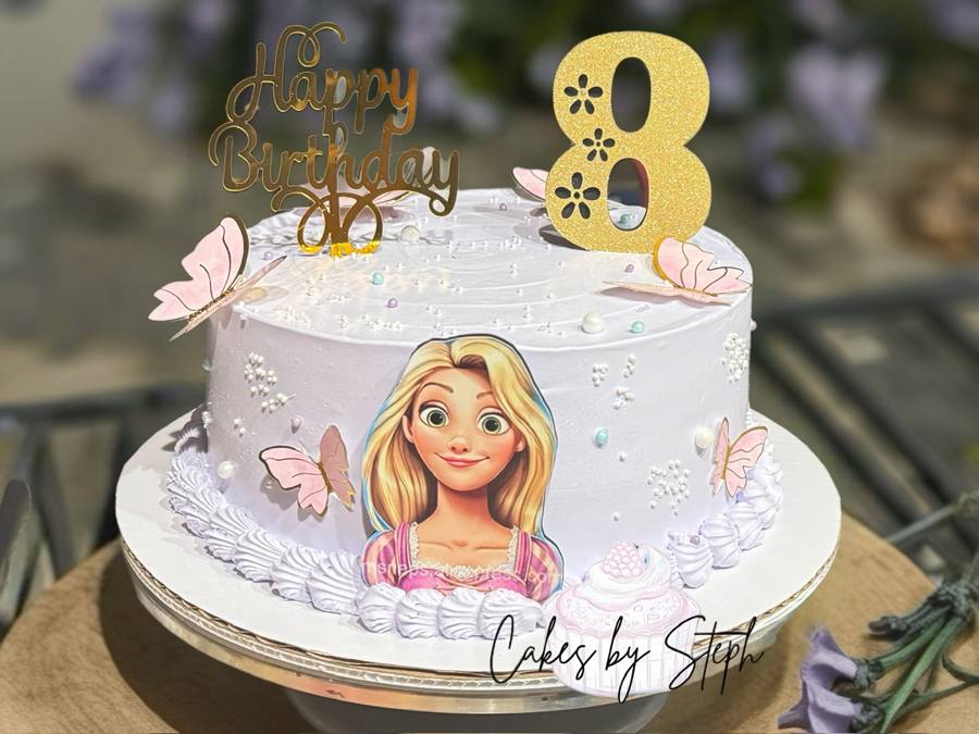White cake with Rapunzel, gold "8", "Happy Birthday" by Cakes by Steph, Leesburg VA